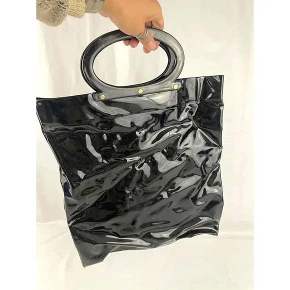 VTG Black Vinyl Daisy 3D Tote Bag Purse 14"x15" Retro Textured Round Handles - Picture 2 of 15